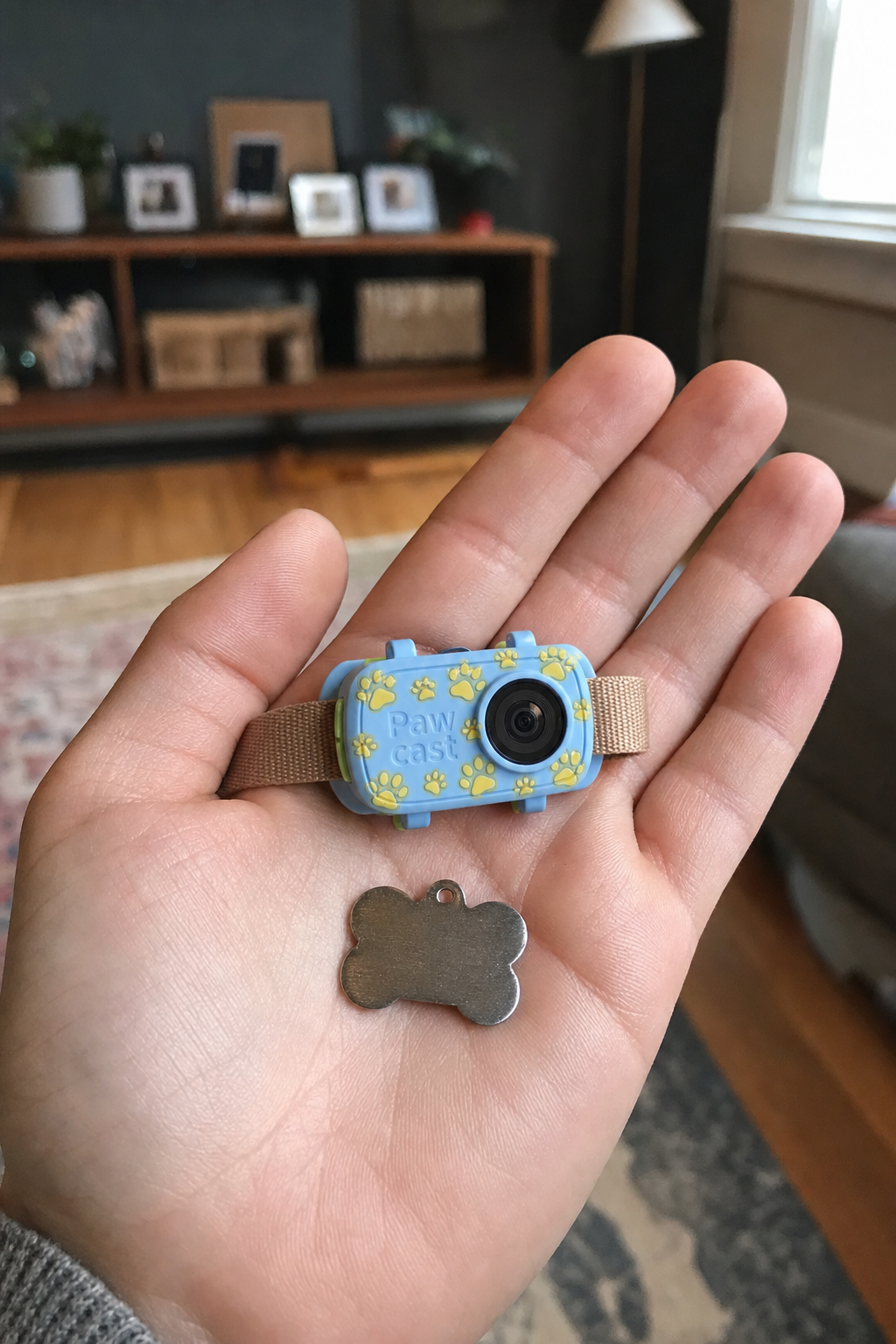 The powder-blue Pawcast collar camera held in a hand next to a dog ID tag, showing it is about the size of the tag