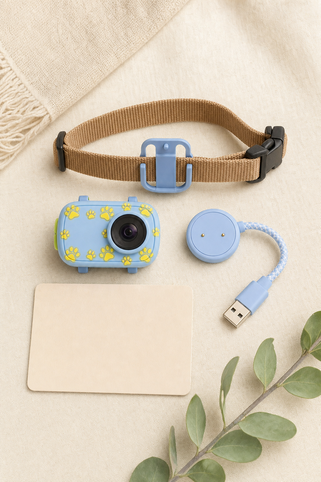 Flat-lay of what comes in the box: the Pawcast camera, a magnetic charging pad, a collar clip, and a welcome card